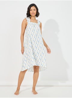 Styli Floral Print Ruffled Strap & Gathered Neck Nightdress  - Image 1
