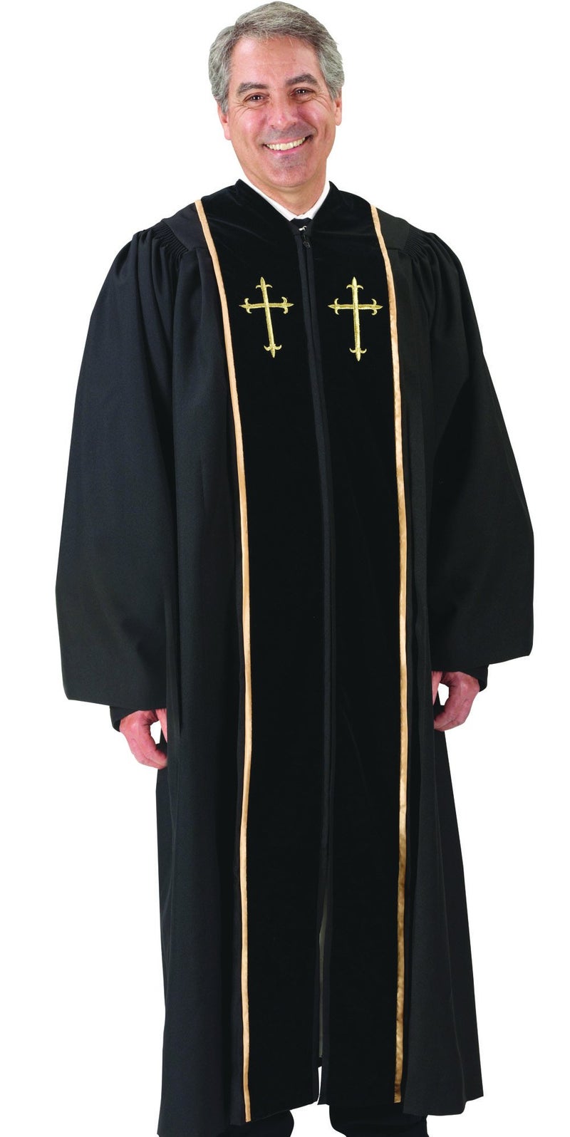AWEHIRU Black Pulpit Robe with Beautiful Gold Embroidery (53 Small: 5'6" - 5'7" Height. 53" Back Length. 33" Sleeve Length) - Image 1