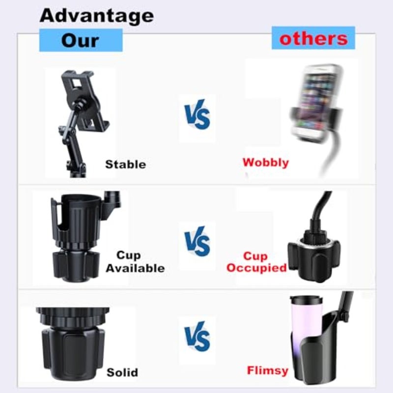 Car cup holder tablet mount for 3-13in devices: aluminum alloy, black, adjustable arm, universal fit for iPad Pro/Air/Mini, Fire, iPhone 15, Galaxy S24/Z Fold 5 - Image 3