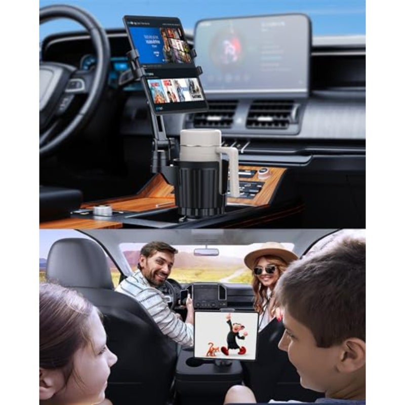 Car cup holder tablet mount for 3-13in devices: aluminum alloy, black, adjustable arm, universal fit for iPad Pro/Air/Mini, Fire, iPhone 15, Galaxy S24/Z Fold 5 - Image 2