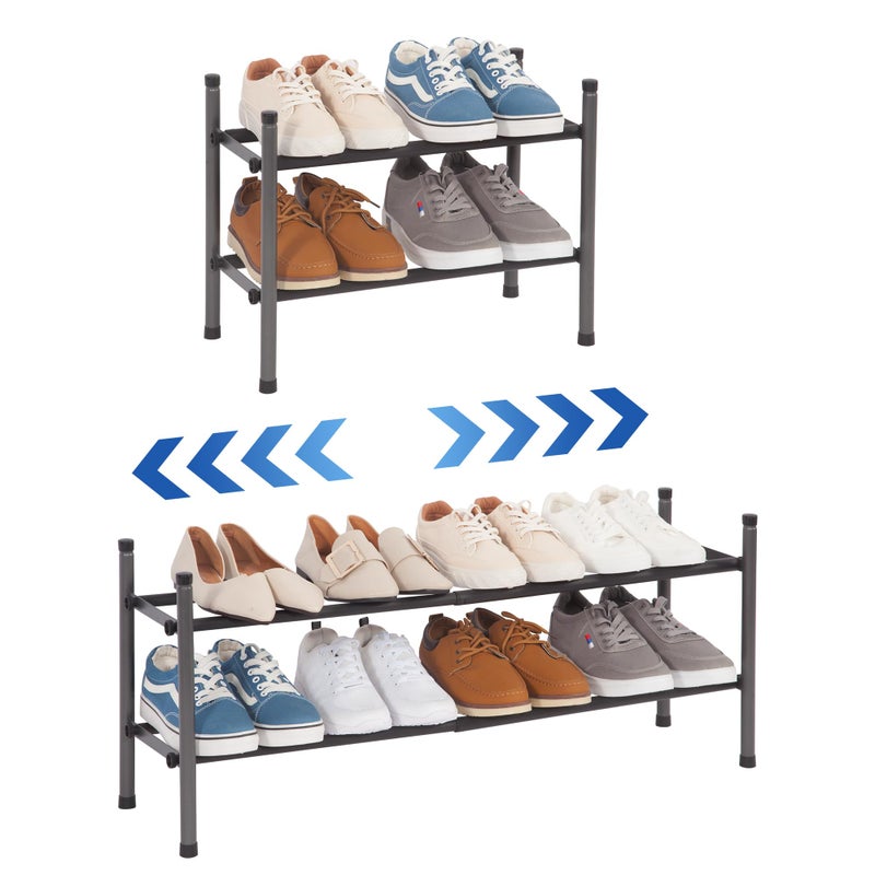 STORAGE MANIAC Expandable Shoe Rack 8 Pairs Stackable Small Shoe Rack Metal Adjustable Shoes Organizer for Closet Entryway Hallway Garage Front Door Shoes Shelves Black 2 Tier