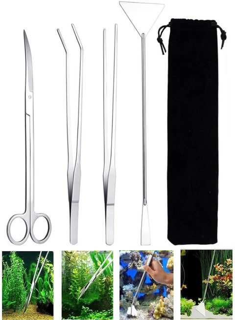 طقم أدوات أحواض السمك المائية، 4 في 1 أداة لتقليم النباتات المائية المضادة للصدأ، ملقط من الفولاذ المقاوم للصدأ، مقص ملعقة لحوض السمك، تنظيف النباتات، التشذيب