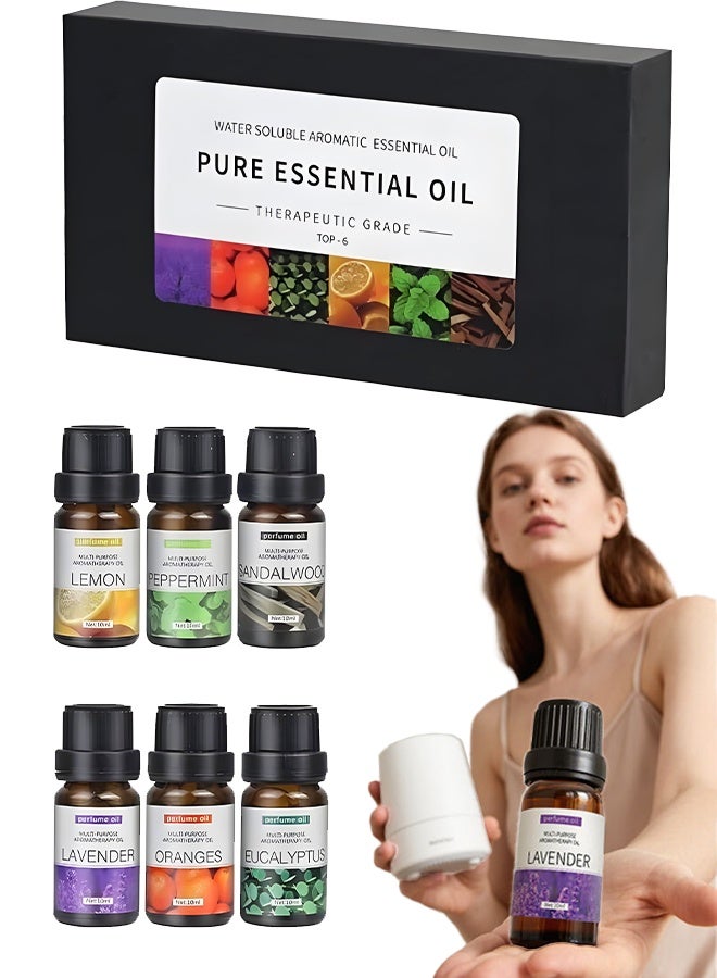 6pcs x 10mL Aromatherapy Essential Oils Set – Water-Soluble Diffuser Oils for Humidifier, Helps Relaxation & Relieves Dry Skin – Sandalwood, Sweet Orange, Lavender, Eucalyptus, Lemon, Mint