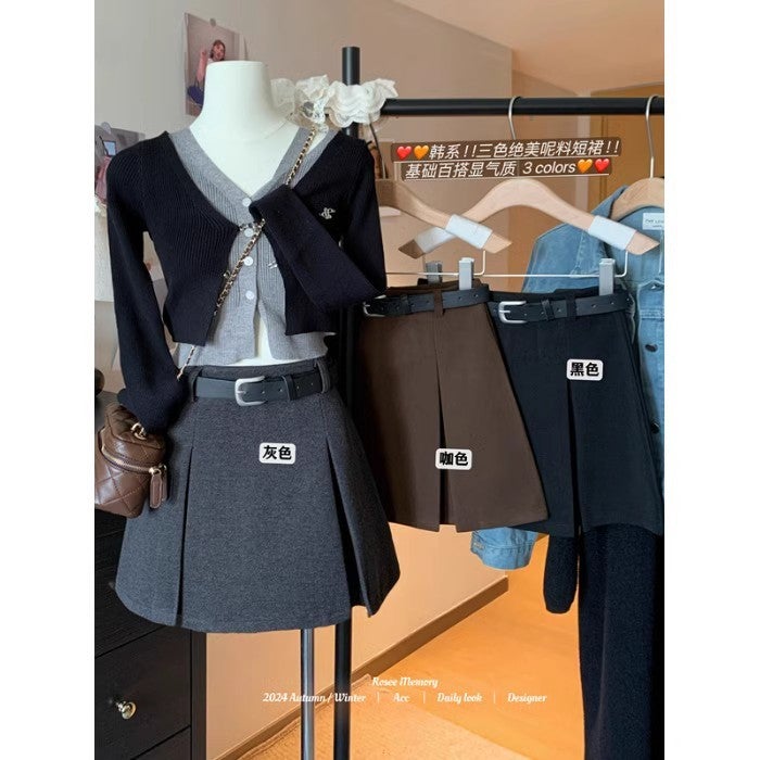 American Girl Woolen Solid Color Skirt Women'S Autumn Easiest For Match High Waist Slim A-Line Short Skirt - Image 2