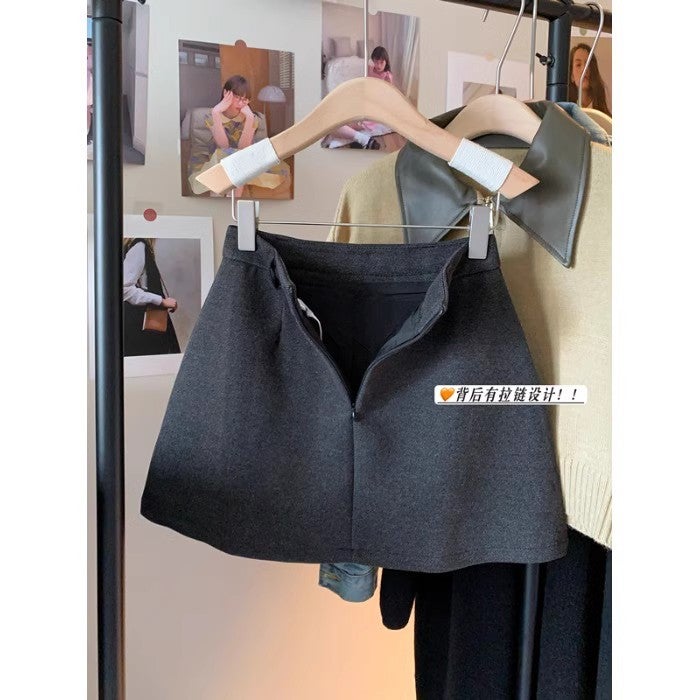 American Girl Woolen Solid Color Skirt Women'S Autumn Easiest For Match High Waist Slim A-Line Short Skirt - Image 4