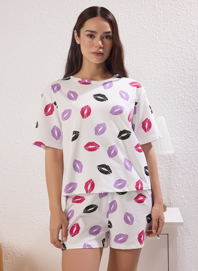 trendyol White 100% Cotton Lip Patterned Shorts Knitted Pajama Set  - Image 1