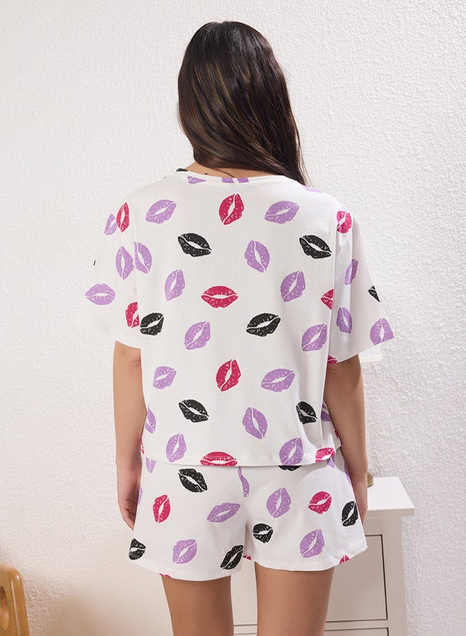 trendyol White 100% Cotton Lip Patterned Shorts Knitted Pajama Set  - Image 4