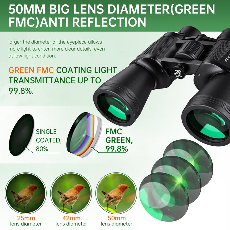 Flyant 20x50 High Powered Binoculars for Adults, Waterproof Compact Binoculars with Low Light Vision for Bird Watching Hunting Football Games Travel Stargazing Cruise with Carrying Bag - Image 5