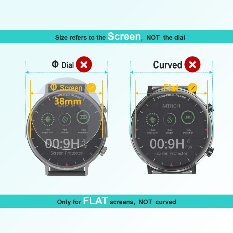 MTHGH 38mm(1.5inch) Diameter Screen Protector,(4 Pack) 9H Hardness Tempered Glass Screen Protector for Universal Round Watch with Anti-Scratch,Anti-Explosion,Bubble-Free,High-Definition - Image 2