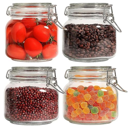 HEXONIQ® Clip Top Glass Jar 750ml, Airtight Glass Storage Jars with Lids, Kitchen Storage Container Square Preserving Jar for Ping Cereal,Pasta, Sugar, Beans, Spice, 12.8x12.5 cm, Pack of 4 - Image 1
