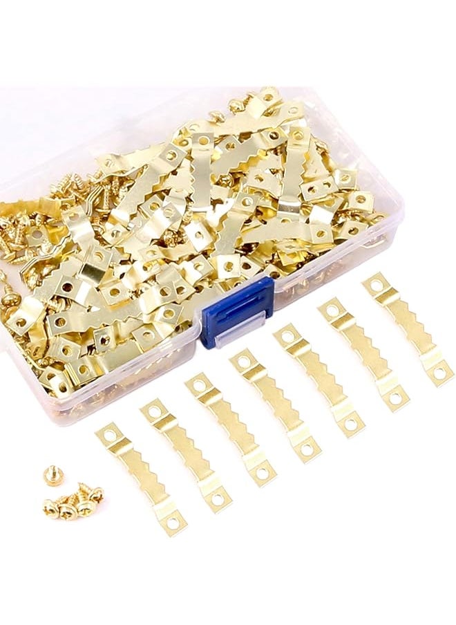 Rustark Rustark 120Pcs Golden Stainless Steel Sawtooth Picture Hangers Frame Hanging Hangers Double Hole with Screws for Picture Painting Frame Cross-stitch  - Image 1