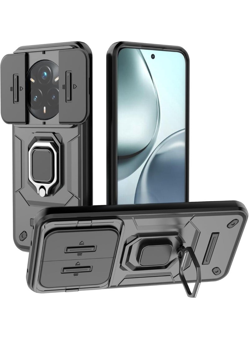 QIRG حافظة لجهاز Realme 14 Pro Plus مع غطاء كاميرا منزلق، حافظة ثقيلة مقاومة للصدمات مع قاعدة مغناطيسية - سوداء - Image 1