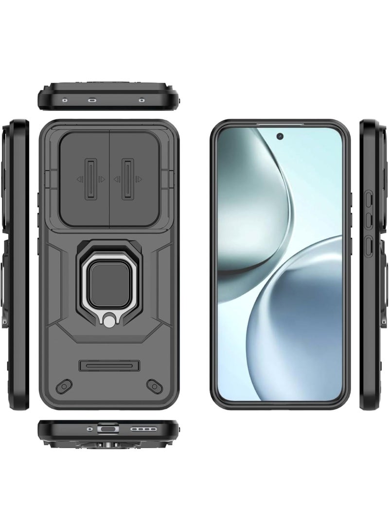 QIRG حافظة لجهاز Realme 14 Pro Plus مع غطاء كاميرا منزلق، حافظة ثقيلة مقاومة للصدمات مع قاعدة مغناطيسية - سوداء - Image 2