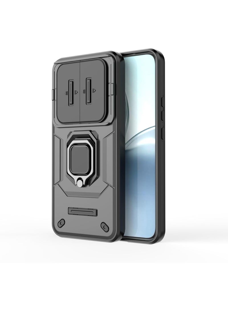 QIRG حافظة لجهاز Realme 14 Pro Plus مع غطاء كاميرا منزلق، حافظة ثقيلة مقاومة للصدمات مع قاعدة مغناطيسية - سوداء - Image 3