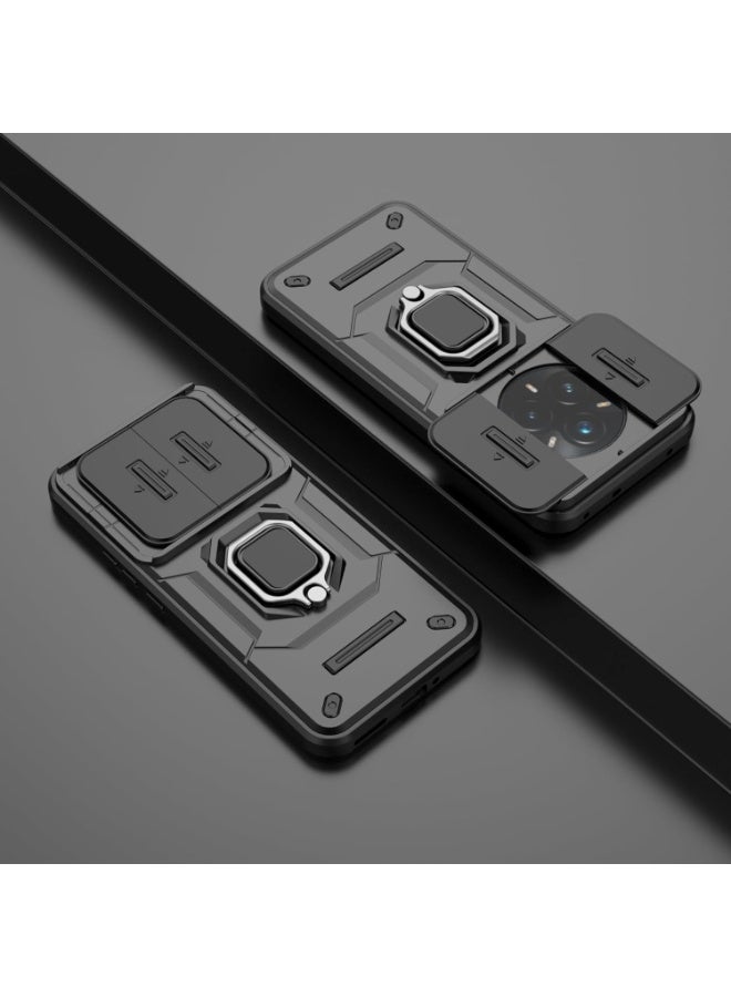 QIRG حافظة لجهاز Realme 14 Pro Plus مع غطاء كاميرا منزلق، حافظة ثقيلة مقاومة للصدمات مع قاعدة مغناطيسية - سوداء - Image 5