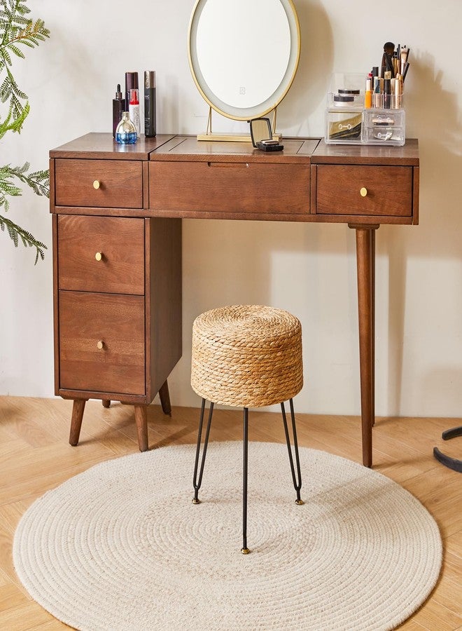 YMYNY Pouf Ottoman, Handmade Natural Water Hyacinth, Pastoral Style Footrest, Footstool with 4 Metal Legs Round Vanity Stool for Bedroom, Hallway, Living Room 12.59"L×12.59"W×17.71"H Natural UHBD029N - Image 4