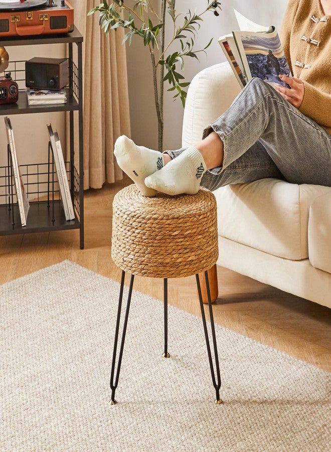 YMYNY Pouf Ottoman, Handmade Natural Water Hyacinth, Pastoral Style Footrest, Footstool with 4 Metal Legs Round Vanity Stool for Bedroom, Hallway, Living Room 12.59"L×12.59"W×17.71"H Natural UHBD029N - Image 3