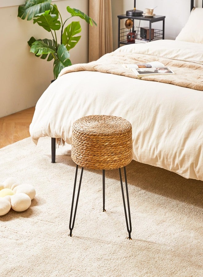 YMYNY Pouf Ottoman, Handmade Natural Water Hyacinth, Pastoral Style Footrest, Footstool with 4 Metal Legs Round Vanity Stool for Bedroom, Hallway, Living Room 12.59"L×12.59"W×17.71"H Natural UHBD029N - Image 5