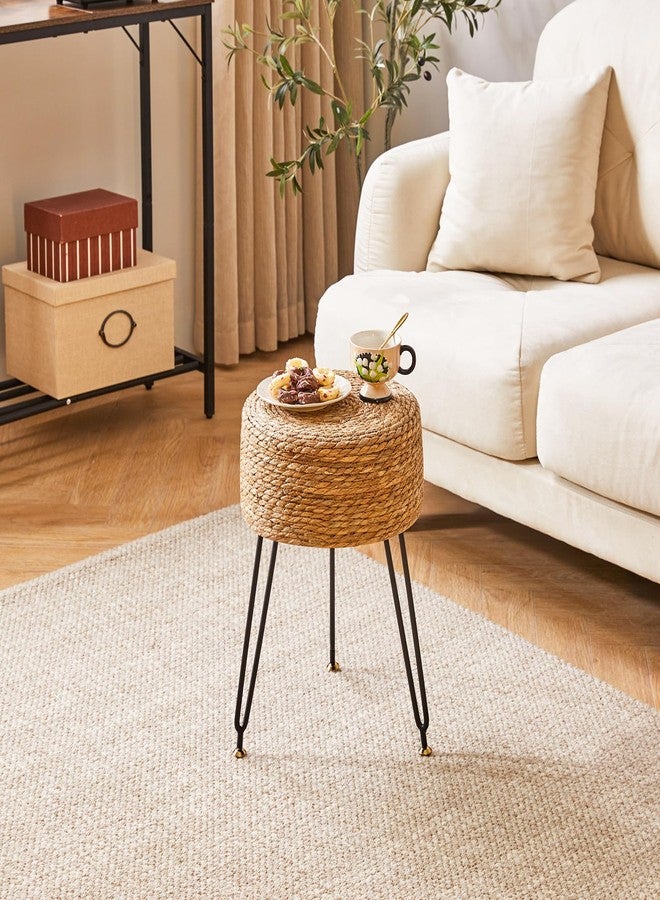 YMYNY Pouf Ottoman, Handmade Natural Water Hyacinth, Pastoral Style Footrest, Footstool with 4 Metal Legs Round Vanity Stool for Bedroom, Hallway, Living Room 12.59"L×12.59"W×17.71"H Natural UHBD029N - Image 2
