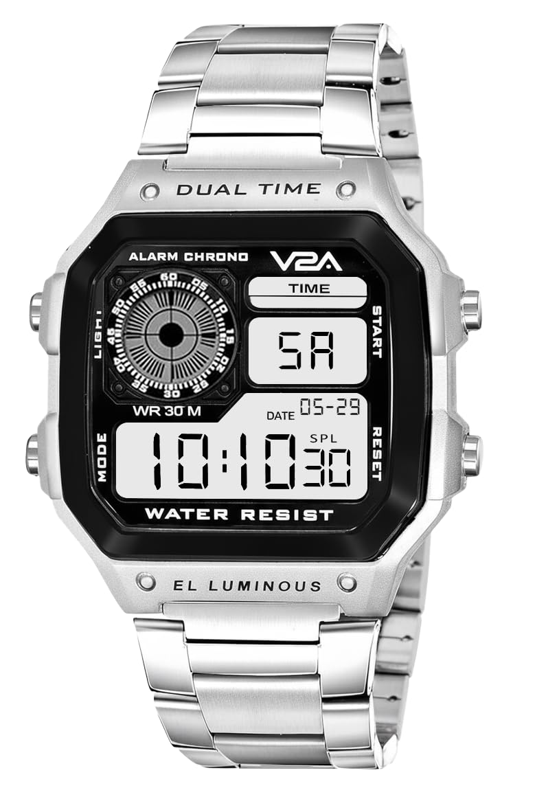 V2A Stainless Steel Small Dial Unisex Multifunction Digital Sports Watch (Silver) - Image 1