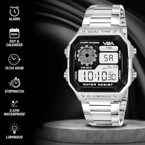 V2A Stainless Steel Small Dial Unisex Multifunction Digital Sports Watch (Silver) - Image 3