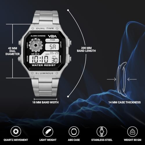 V2A Stainless Steel Small Dial Unisex Multifunction Digital Sports Watch (Silver) - Image 2