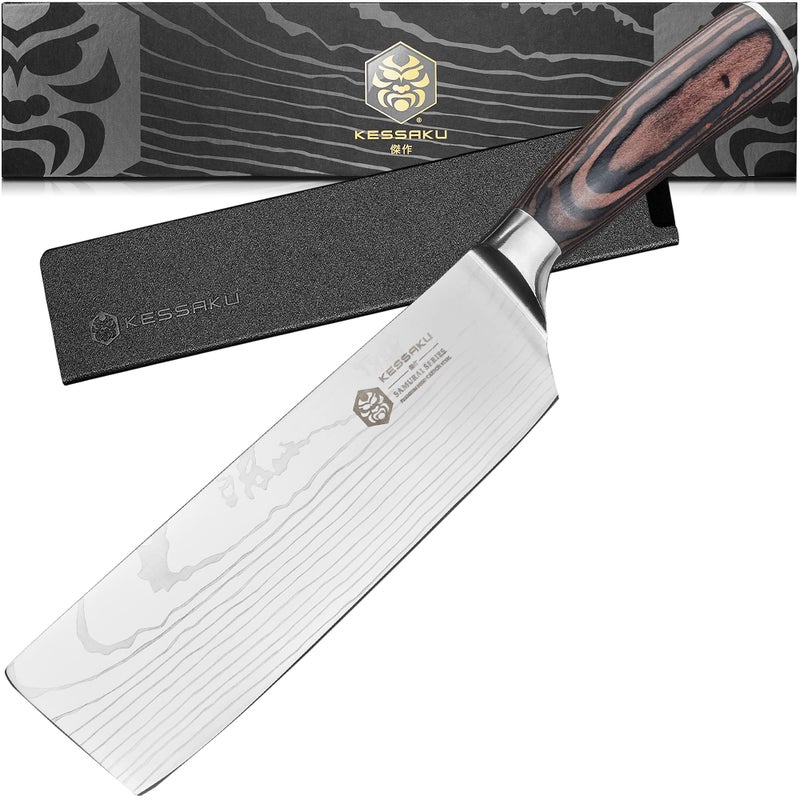 KESSAKU Nakiri Knife  7 inch  Samurai Series  Asian Vegetable Cleaver  Razor Sharp Kitchen Knife  Forged 7Cr17MoV High Carbon Stainless Steel  Wood Handle with Blade Guard