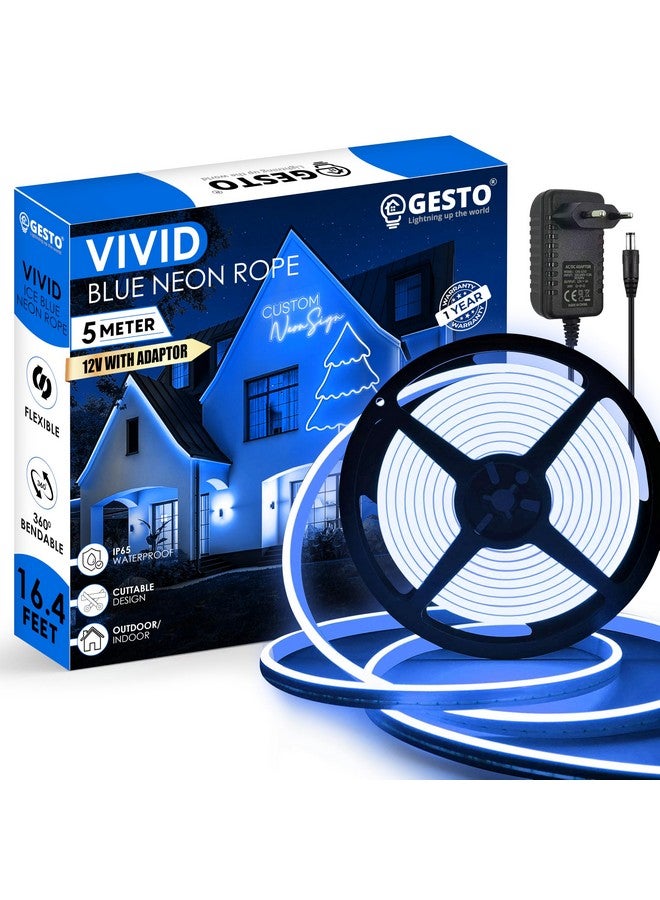 الجستو شريط أضواء نيون LED بطول 16.4 قدم من Gesto مع محول 12 فولت، حبل ضوء نيون سيليكون مسطح مرن قابل للقطع، شرائط نيون LED مقاومة للماء IP65 للديكور الداخلي والخارجي (أزرق) - Image 1