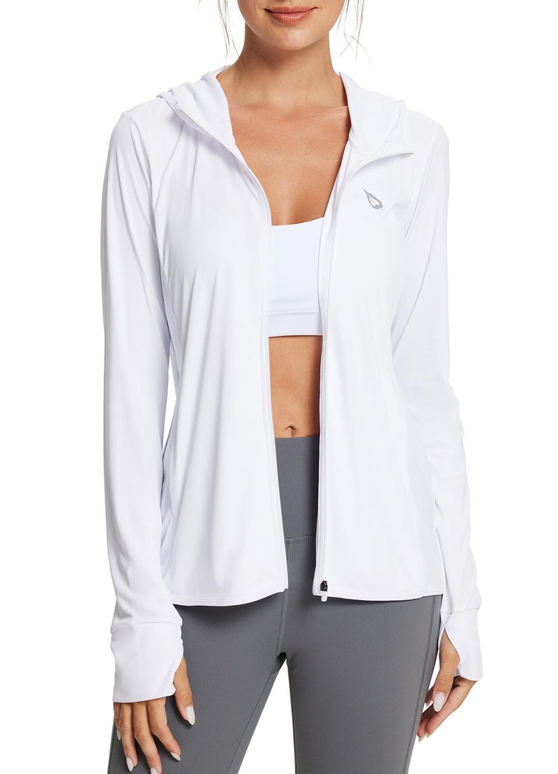 baleaf Women's SPF Jacket Sun Shirt UV Protection Hoodie Zip Up Long Sleeve Hooded Summer Clothing Running Hiking White M - Image 1