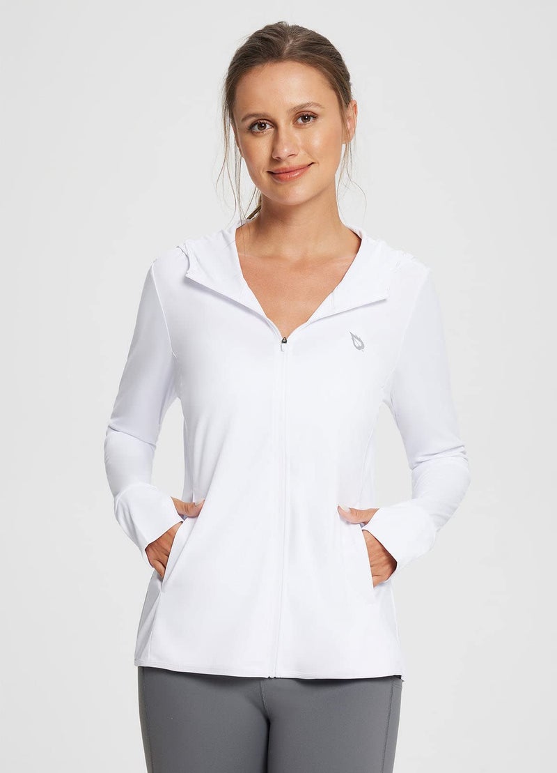 baleaf Women's SPF Jacket Sun Shirt UV Protection Hoodie Zip Up Long Sleeve Hooded Summer Clothing Running Hiking White M - Image 3