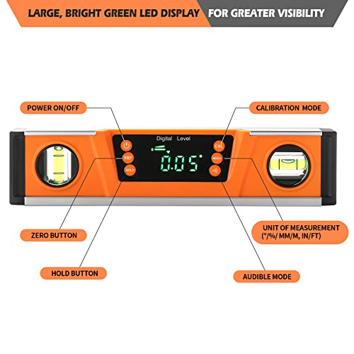2PM TOOLS 10-Inch Digital Torpedo Level and Protractor | Neodymium Magnets | Bright LED Display | V-GROOVE MAGNETIC BASE | IP54 Dust/Water Resistant smart level with Carrying Bag - Image 2