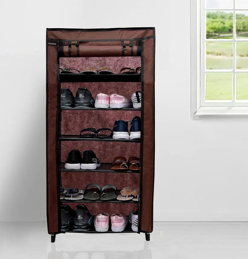 PHILOSHOP PHILOSHOP 6 Tier Metal Shoe Rack Collapsible Shoe Organiser with Adjustable Shelves Space Saving Lightweight Racks Foldable Sneaker Footwear Best for Men Women Boots Slippers Brown Cover - Image 1