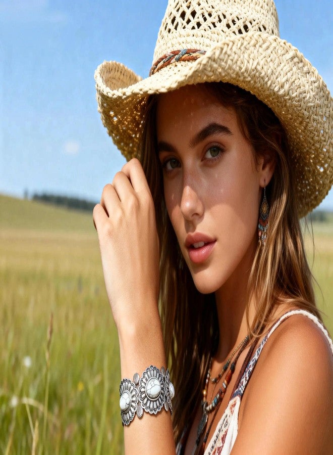 RechicGu Western Turquoise Color Cuff Bracelet for Women Adjustable Boho Bracelet Cowgirl Chic Vintage Concho Bangle Chunky Blue Turquoise Howlite Cuffs Country Concert Outfit Western Gift - Image 2