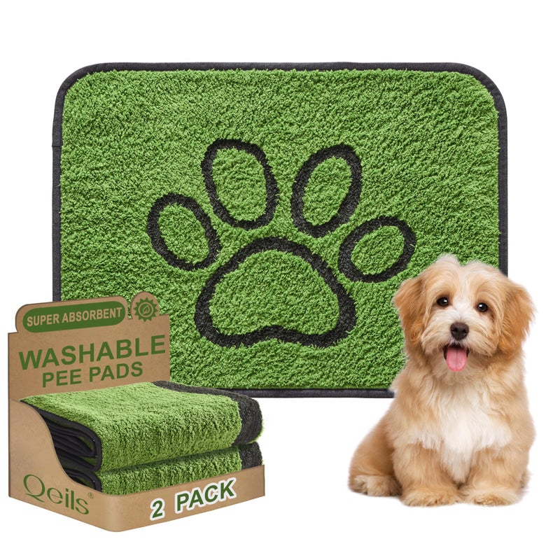 Qeils Washable Pee Pads for Dogs 2 Pack Super Absorbent Reusable Puppy Pads with Green Long Wool for Potty Training Floor Couch Bed and Crate18x 24