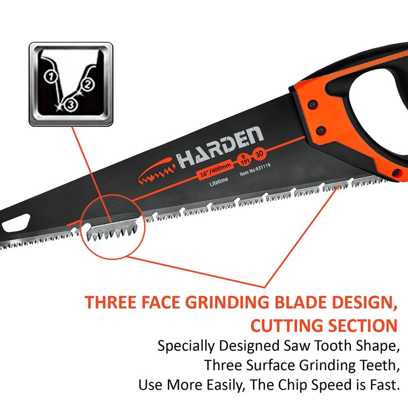 Harden 16 Hand Saw 1605 Mn Steel 3 Face Grinding Teeth Design Professional Series 631116 - Image 2