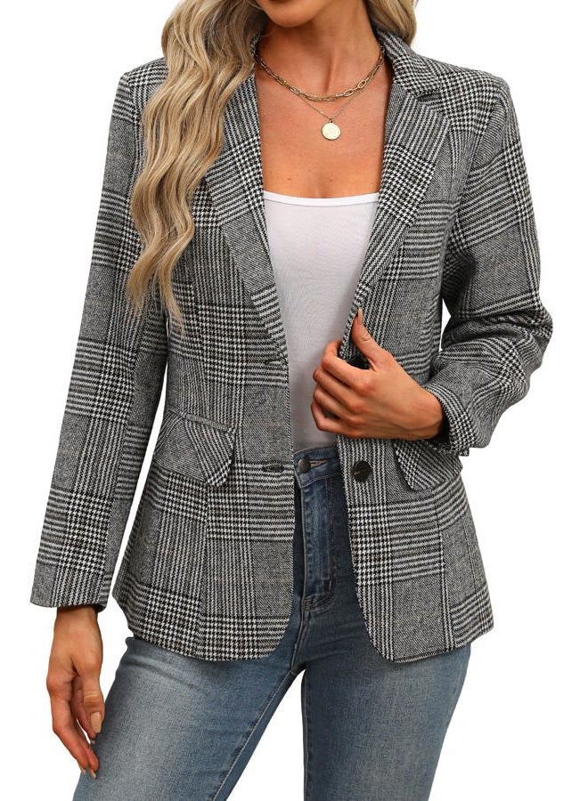 ELLEVEN Women's Lapel Collar Plaid 2 Button Boyfriend Blazer Suit Houndstooth Work Office Blazer Jacket, Black Plaid, Medium - Image 1