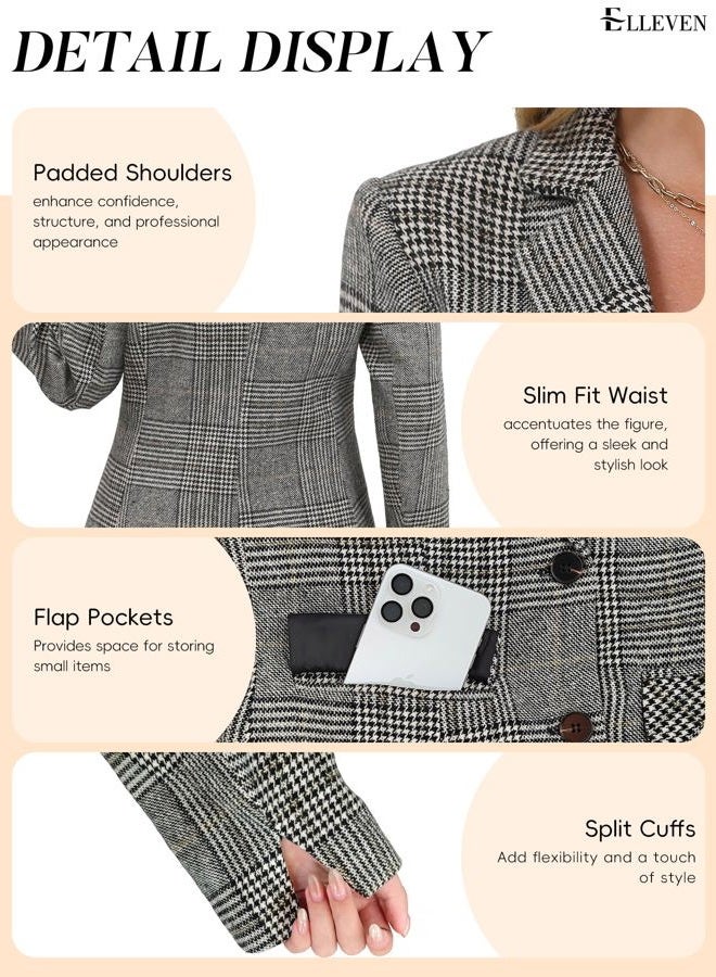 ELLEVEN Women's Lapel Collar Plaid 2 Button Boyfriend Blazer Suit Houndstooth Work Office Blazer Jacket, Black Plaid, Medium - Image 5