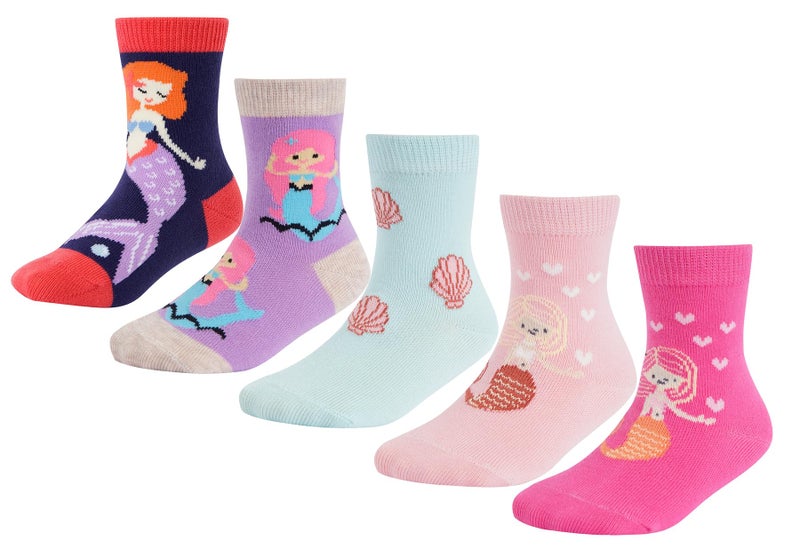 CHUNG Little Big Girls Cotton Socks Toddler Crew Polk Dot Crew Fashion Cartoon Cute Fun Animals,5pk Mermaid, 3-5Y - Image 1