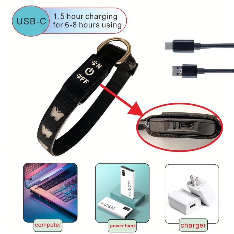 Custom New Butterfly Design Glowing Collar 15 Lighting Modes USB C Charging With AirTag Holder For Dogs Black XL - Image 4