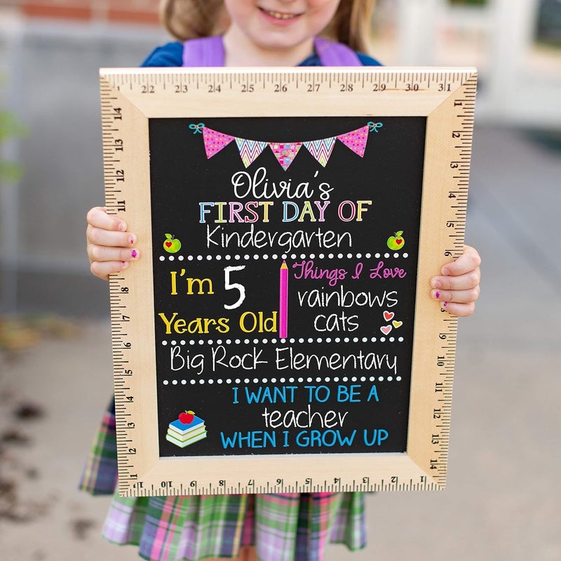 BloomOwl First Day of School Sign (11.5"x15"), Reusable Chalkboard Sign, Easy-to-Clean with Real Wooden Ruler Frame, Handmade in USA by Bloom Owl, Perfect for Back to School, First Day of Kindergarten Girl - Image 2