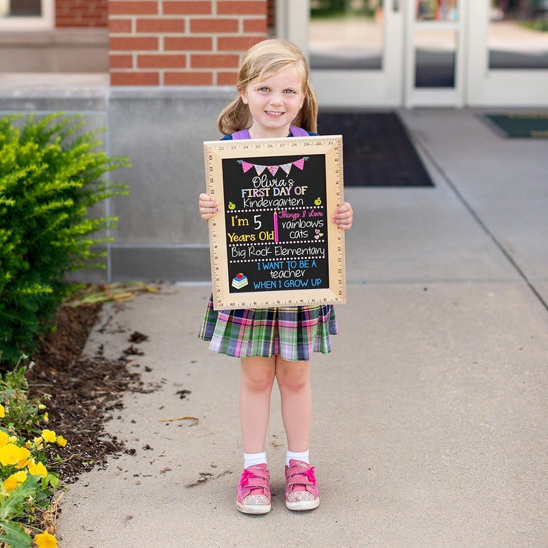 BloomOwl First Day of School Sign (11.5"x15"), Reusable Chalkboard Sign, Easy-to-Clean with Real Wooden Ruler Frame, Handmade in USA by Bloom Owl, Perfect for Back to School, First Day of Kindergarten Girl - Image 3