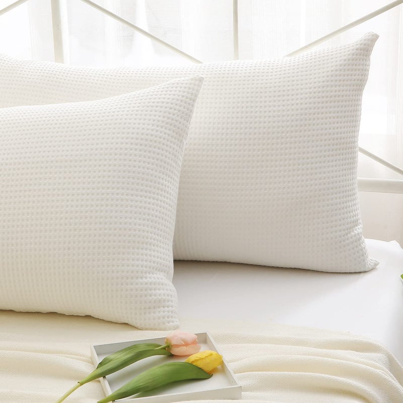 K MASANIJI K MASANIJI 2 Pack White Waffle Weave Textured King Pillow Shams 20x36 inches Soft Cotton Farmhouse Aesthetic Bed Pillow Covers Zipper Closure White Waffle King 
