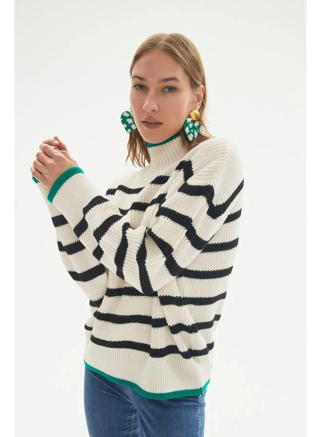 JUNE June Oversize Striped Color Block Knit Sweater Ecru