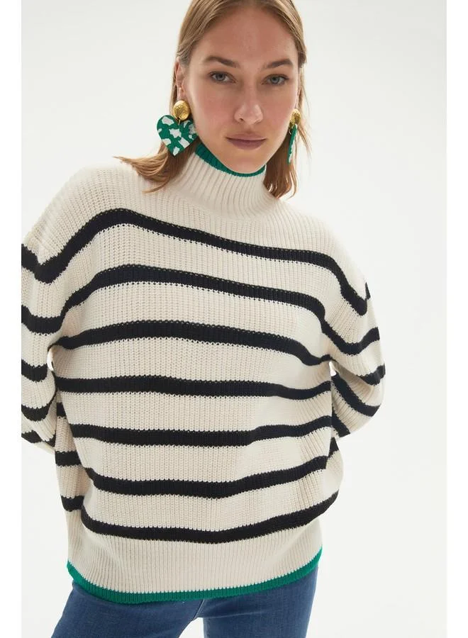JUNE June Oversize Striped Color Block Knit Sweater Ecru