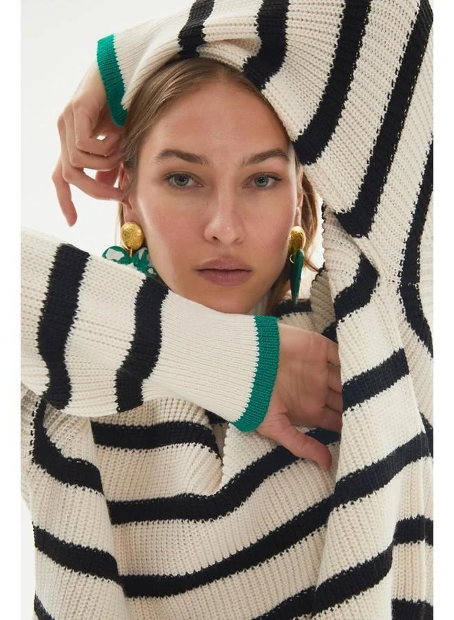 JUNE June Oversize Striped Color Block Knit Sweater Ecru