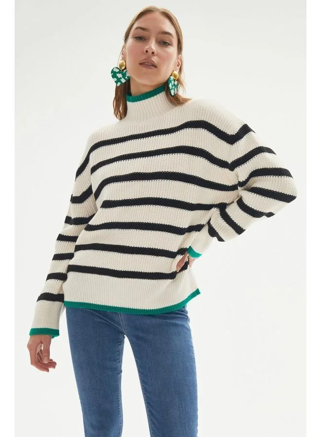 JUNE June Oversize Striped Color Block Knit Sweater Ecru