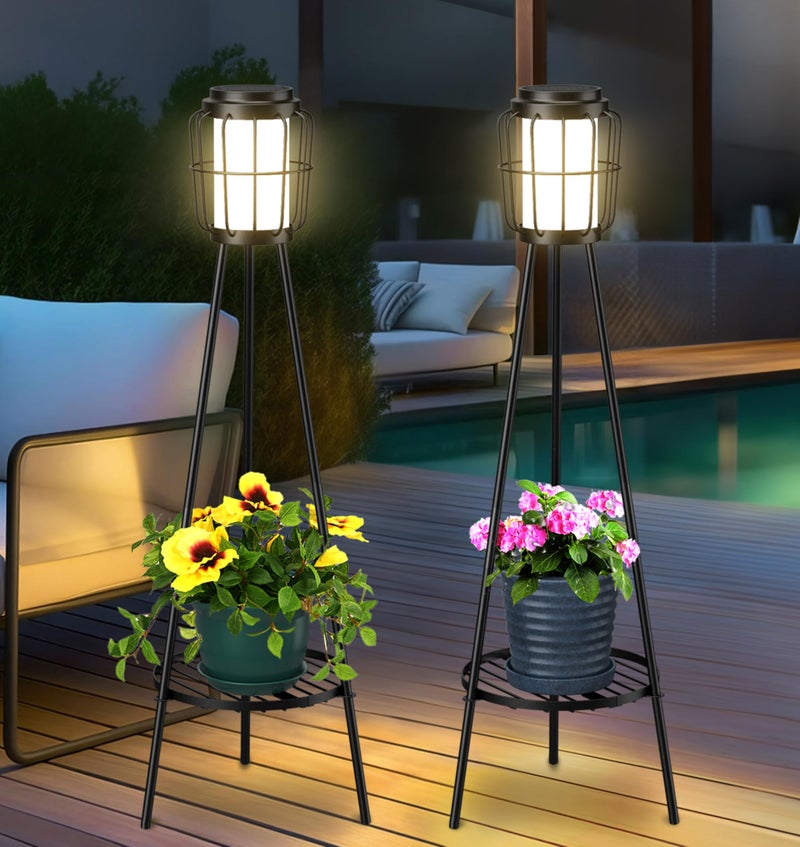 VISFLAIR 2 Pack Solar Lights with Plant Stand, Outdoor Floor Lamps, Waterproof Solar Powered Floor Lamps for Patio Deck Porch Yard Garden Decor - Image 1