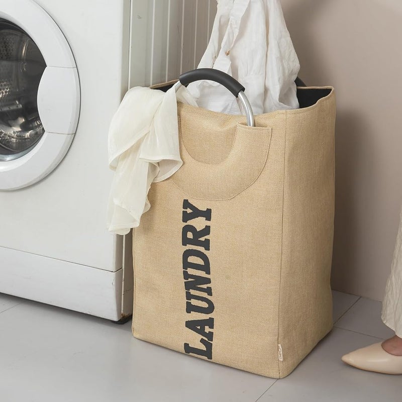 GOGO Laundry Basket Foldable Laundry Basket with Handle Large Capacity Dirty Clothes Basket Storage Bag Waterproof Home Laundry Organizer Hamp 32x25x50Cm Beige - Image 3