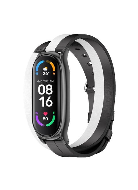 Replacement Strap For Xiaomi Mi Band 6 / 5 / 4 / 3 Mijobs Plus Case Double-Loop Leather Watch Band Black+White