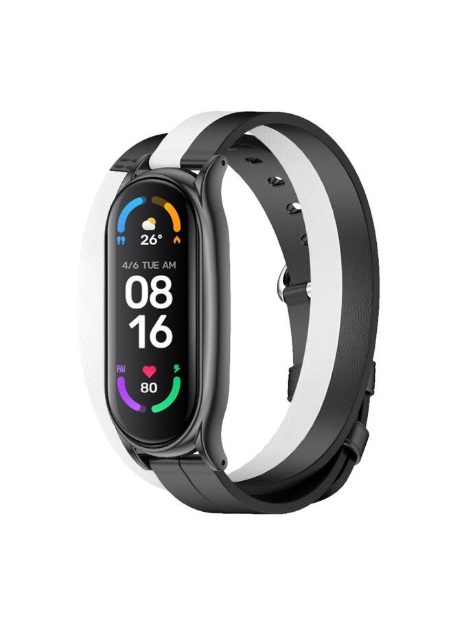 Generic - Replacement Strap For Xiaomi Mi Band 6 / 5 / 4 / 3 Mijobs Plus Case Double-Loop Leather Watch Band Black+White - Image 1